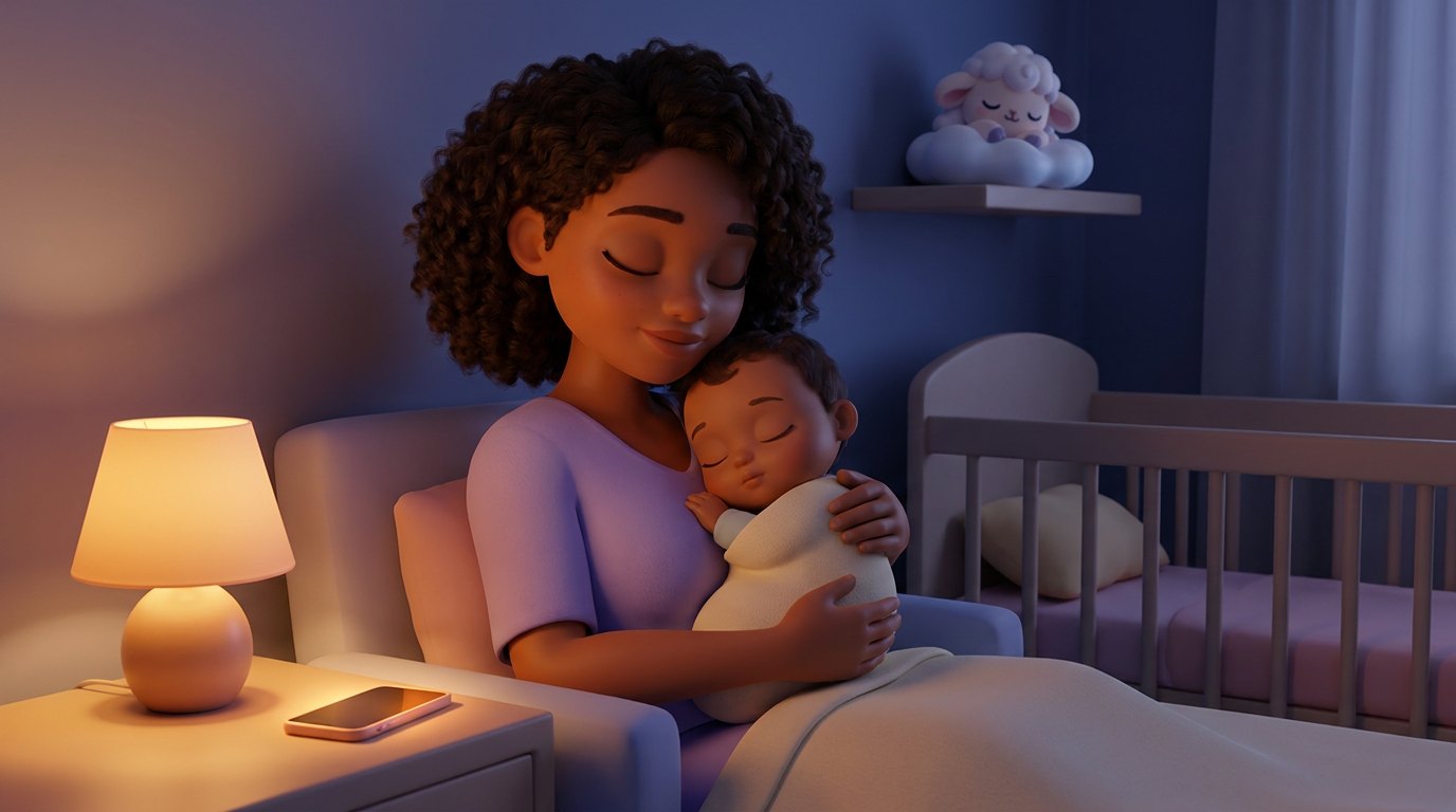 Mãe segurando o bebê adormecido num quarto escuro, com o celular virado para baixo no criado-mudo